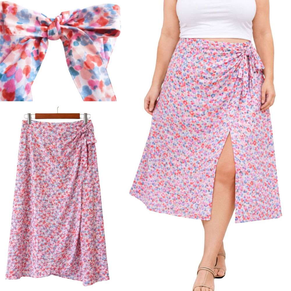NWT Cupshe XL Floral Wrap Swim Skirt Pink White Tie Waist Midi Sarong Cover Up